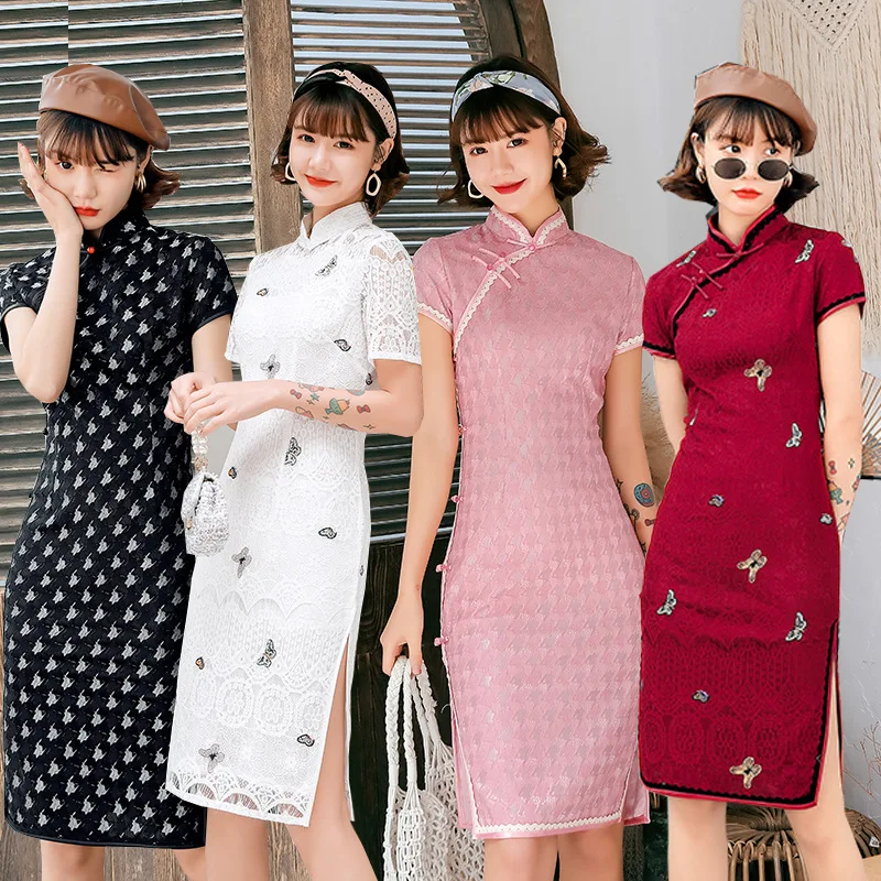 

Lace Cheongsam Slim Fit Young Girly and Fashion Student Syage Show Modified Mid-Length Dress