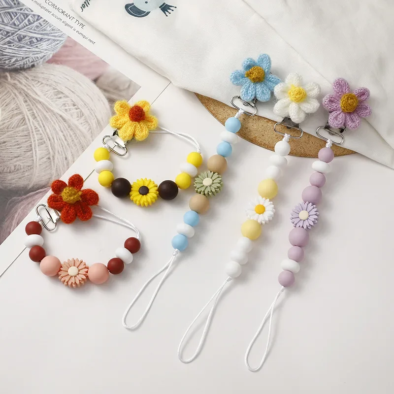 Silicone Beads Chupeta Clips, BPA Free, Flor de lã, DIY Dummy Clip Holder, Chover Chains, Baby Teething Toys, Chew Gifts