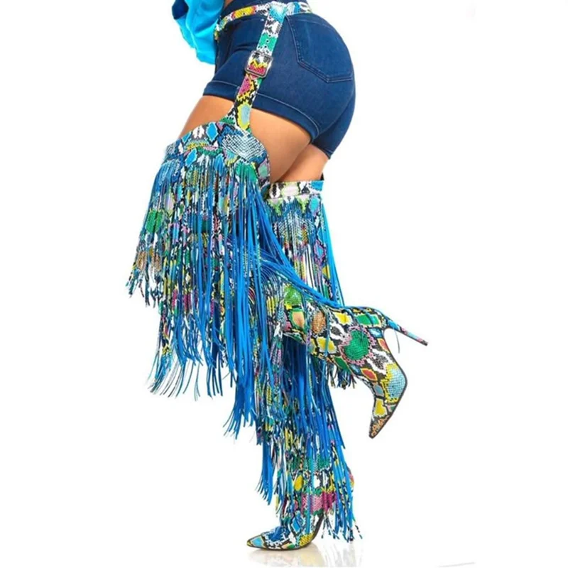 

Сексуальные кожаные ботинки со змеиным принтом на талии, острый носок, синяя бахрома, кисточки, ремень, пряжка, ремень, чехол на каблуке, высокие сапоги до колена