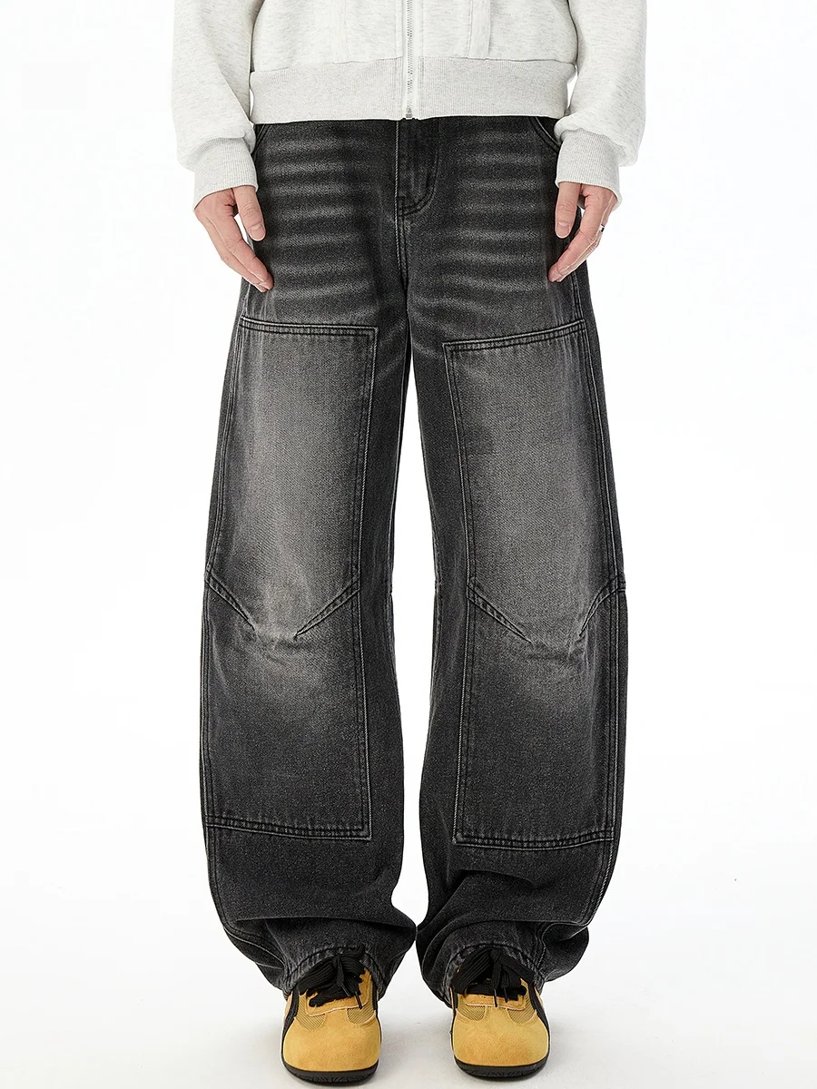 

Retro Pleated Spliced Woodcutter Jeans Men's Spring Autumn Gradual Wash Wide Leg Loose Straight Long Pants Casual Jeans
