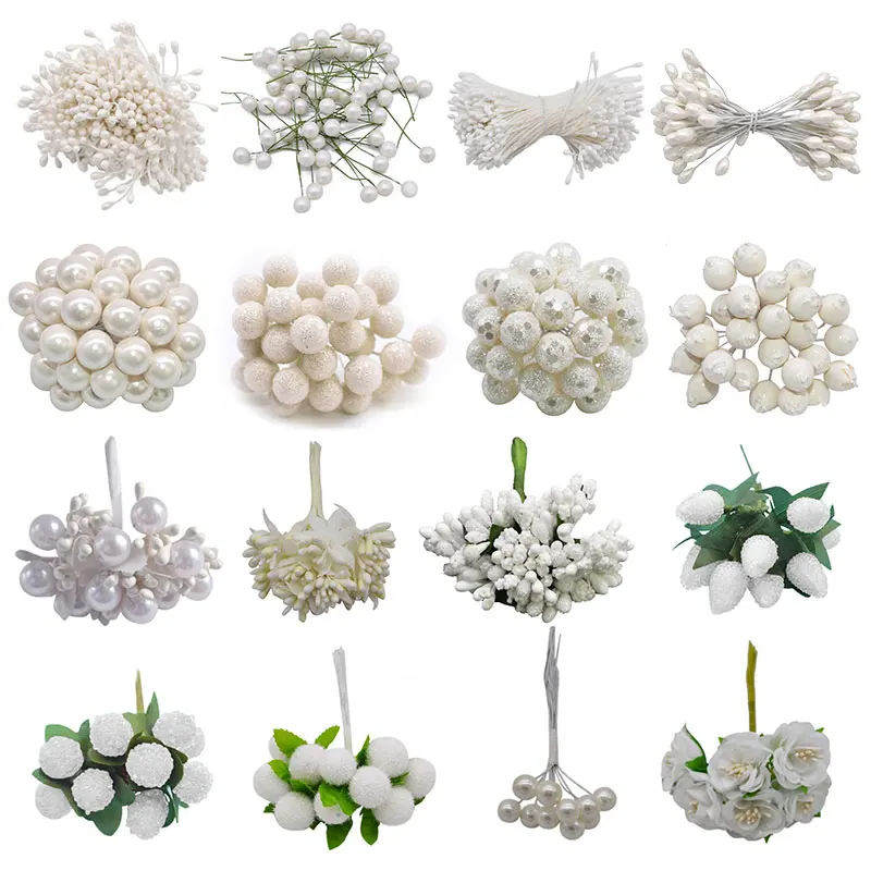 Handmade Artificial Flower Stamen Xmas White Flower Cherry Berries Bouquet DIY Wedding Christmas Wreath Craft Gift Decoration