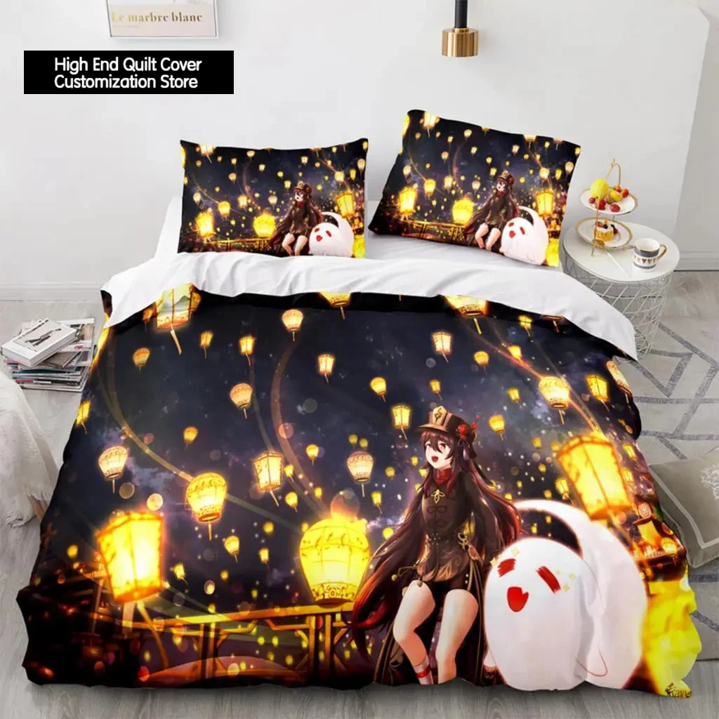 Gaming Genshin Impact Hutao Cosplay Duvet Cover Cartoon Bedding Set Full Size King Bed Comforter Quilt Cover Pillowcase Home