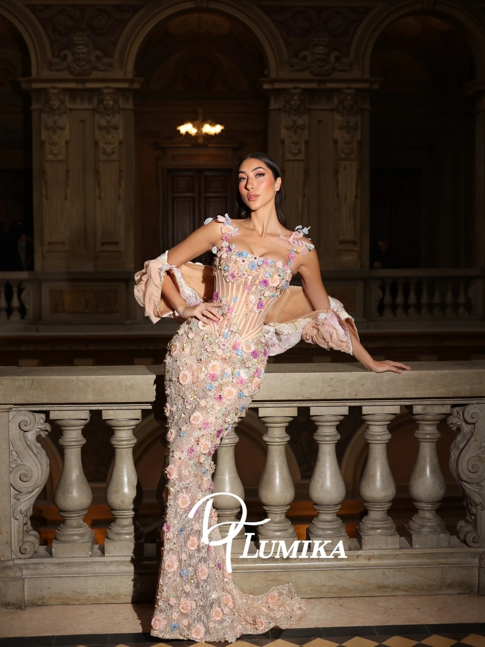 

2026 Fairy 3D Floral Sheer Corset Prom Dress Nude Lining Romantic Mermaid Evening Gown With Detachable Sleeves For Gala Party