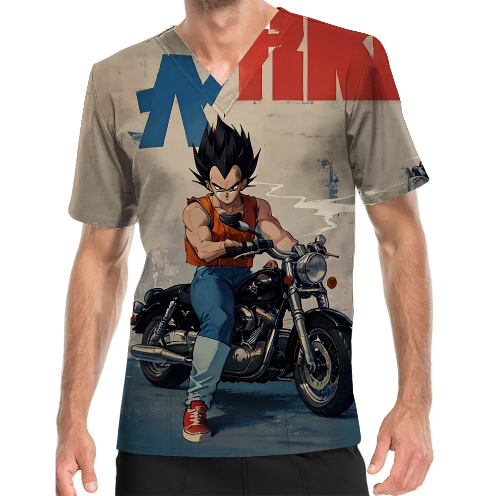 Nursing Home Amusement Park Men's Work Clothes Dragon Ball Goku Print V-Neck Print Scrub Top Men's Short Sleeve Nursing Clothes