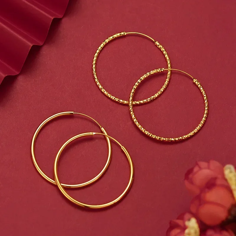 

9999 Real Gold 24K European and American exaggerated large circle earrings, gold fashion retro car flower bridal circle earrings