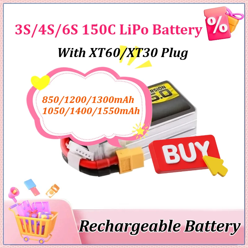 

3S/4S/6S 150C LiPo Battery for RC Helicopter Quadcopter FPV Racing Drone for TATTU-R-LINE 5.0 850/1200/1300/1050/1400/1550mAh