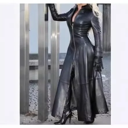 

Длинное пальто из искусственной кожи 2023 года с воротником-стойкой, стильная женская куртка-косуха из искусственной кожи с длинными рукавами, зимняя модная модель, производство Китай