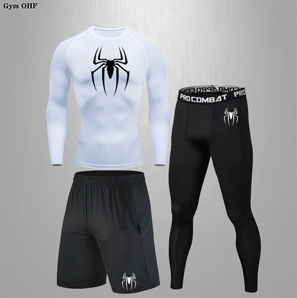 Spider Print Compression Set for Men 3 Pieces Athletic Active Workout Fitness Suit Undershirts Leggings Pants Shorts