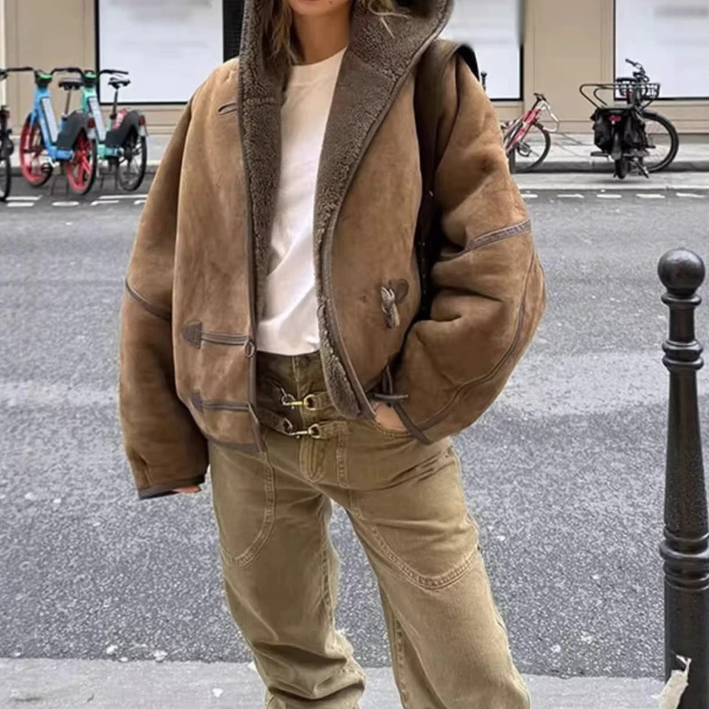 

Women's Fashion Casual Casual Silhouette Loose Hooded Fur Integrated Jacket