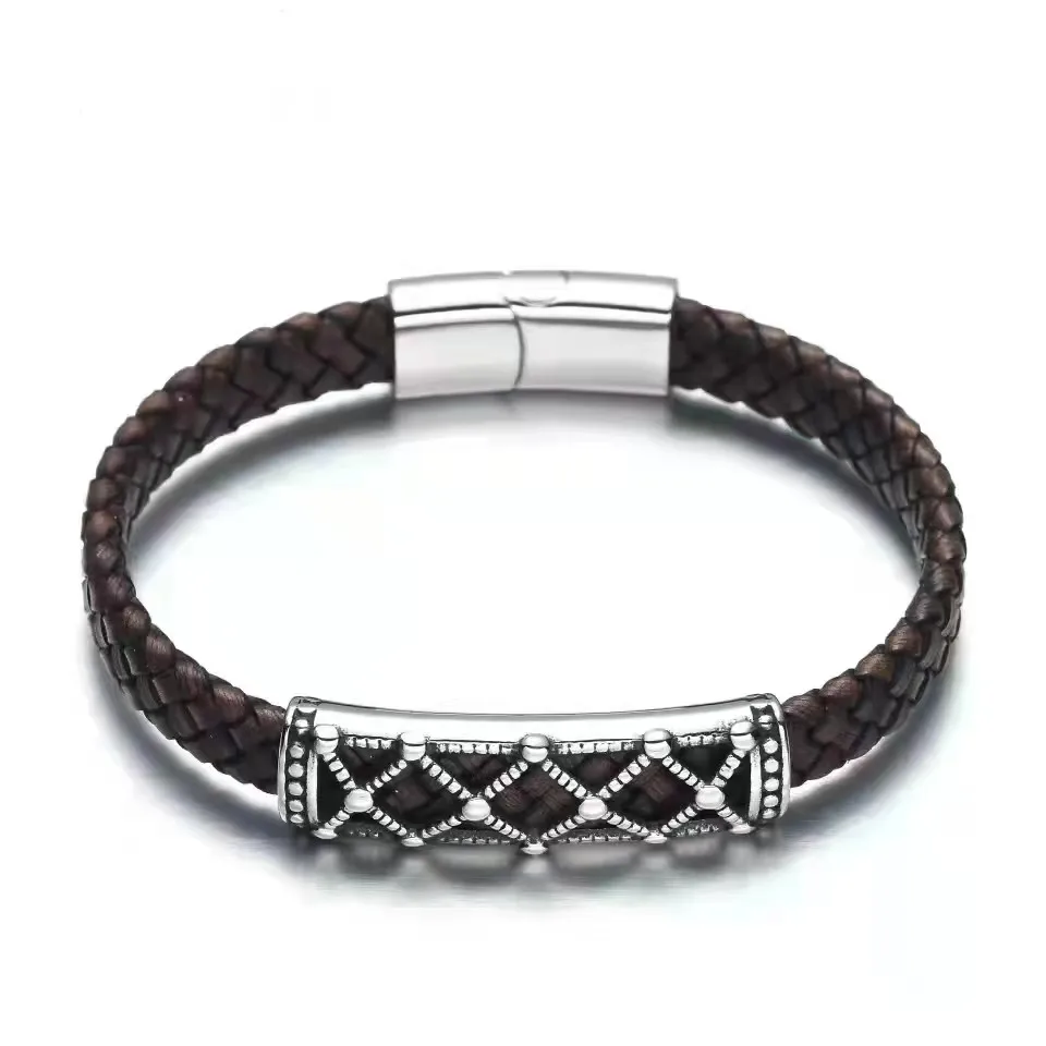 European and American Punk Style Water Chestnut Magnetic Clasp Stainless Steel Mesh 8mm Braided Leather Rope Men\'s Bracelet