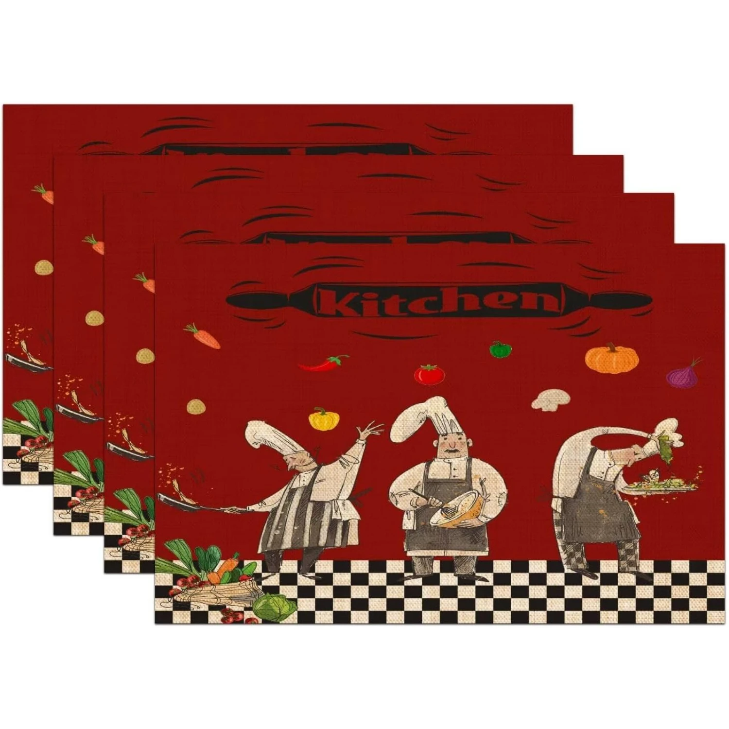 Rustic Chef Placemats, Fat Chef Cook Theme Vintage Cute Funny Chief Rural Country Farm Buffalo Checkered Plaid Resistant