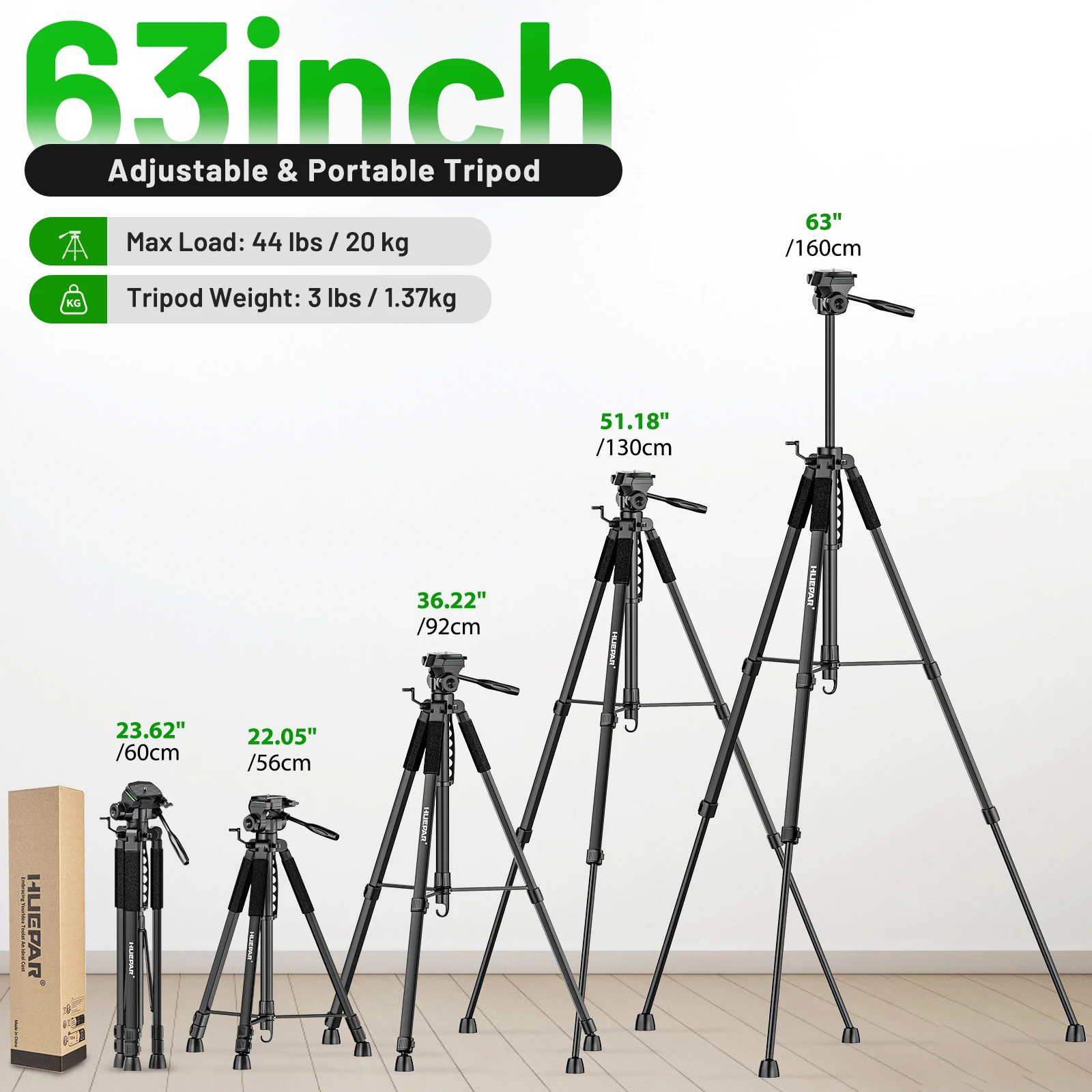 Huepar t16a tripé ajustável multifuncional 63 "/160cm nível laser tripé câmera telêmetro suporte com cabeça pan giratória de 3 vias