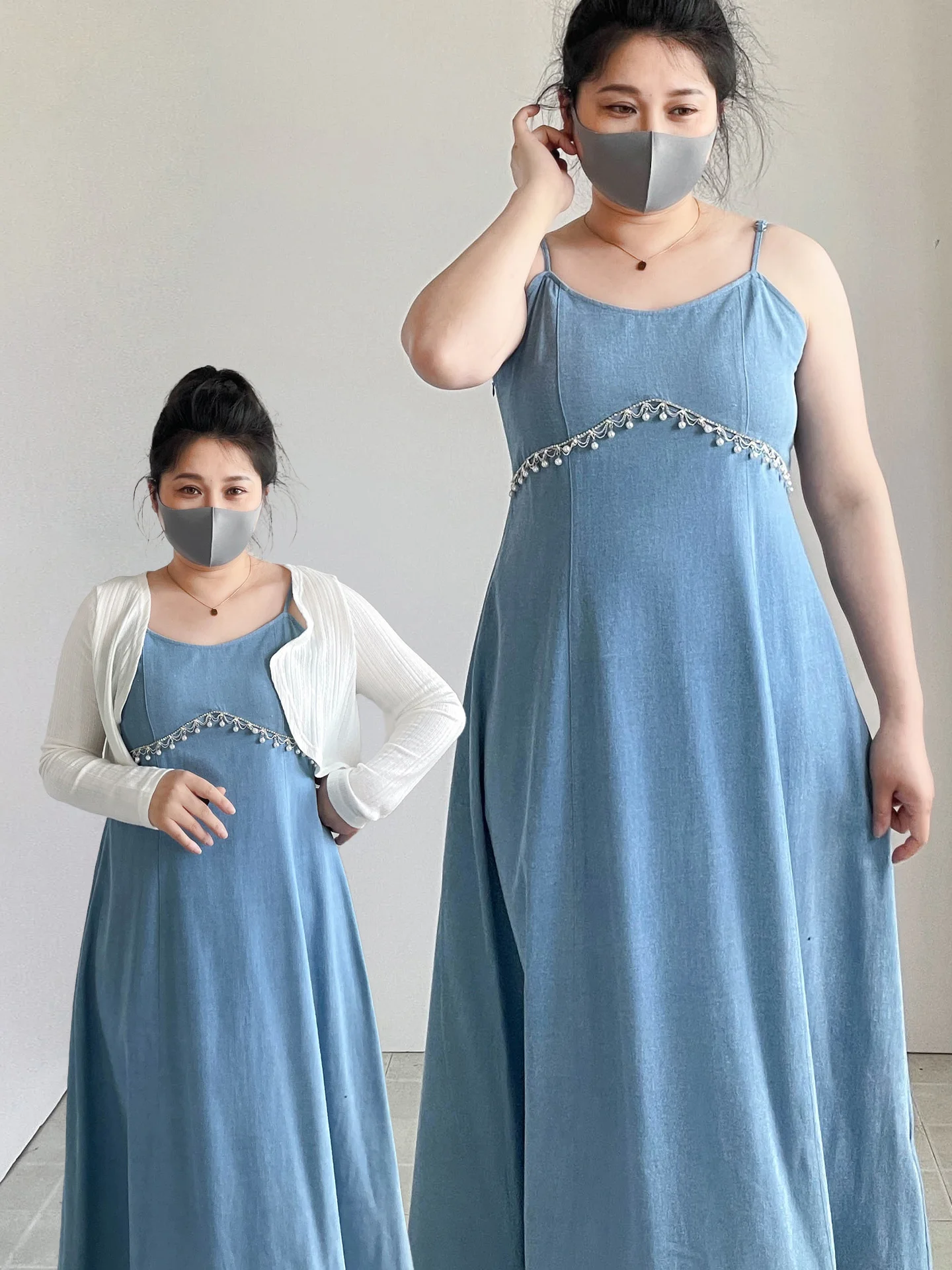 

plus Size Women's Dress Fat MM 200 Pounds Strap Knitted Cardigan Set Denim Long Skirt Summer Super Fairy Good Looking