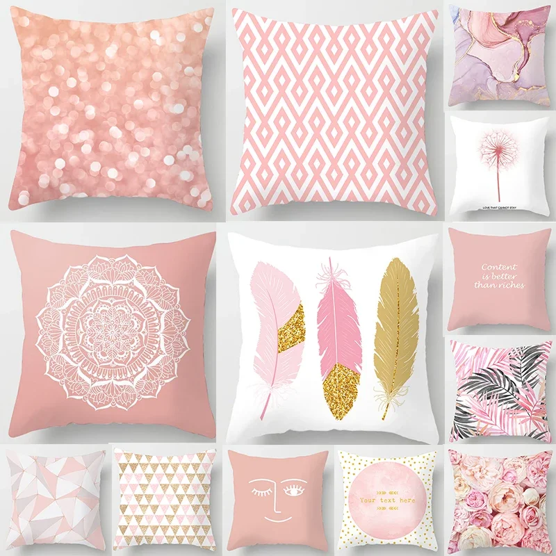 Nordic Pink Dekoracyjna seria geometryczna Pióro Roślina Poliestrowa poszewka na poduszkę Nowoczesna sofa
