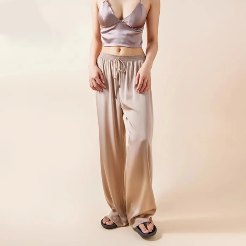 Birdtree, 19MM 93.8% Silk Straight Pants, Women's Satin Seamless Trousers, Drawstring, Elastic Waist, 2026 Autumn New P6O522JF