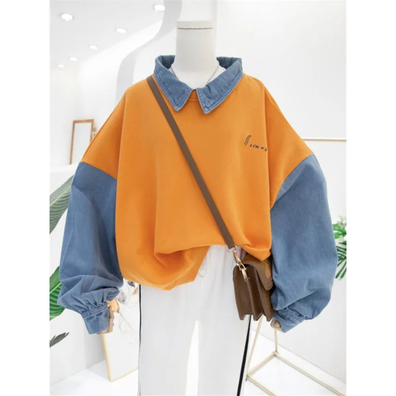 FAVRE Denim Stitching Sweatshirts Polo Lapel Contrast Pullovers Women Spring Autumn Thin Hoodies Korean Version Casual Ins Tops