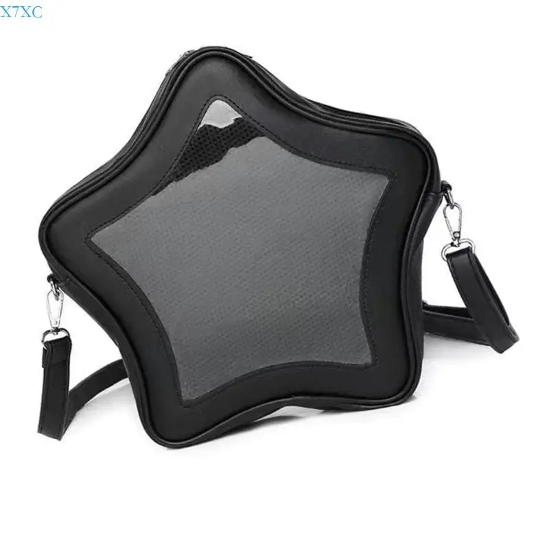 X7XC Japanese School Girl PU Leather Star Crossbody Bag Anime Pin Display Clear Window Large Capacity Shoulder Handbag