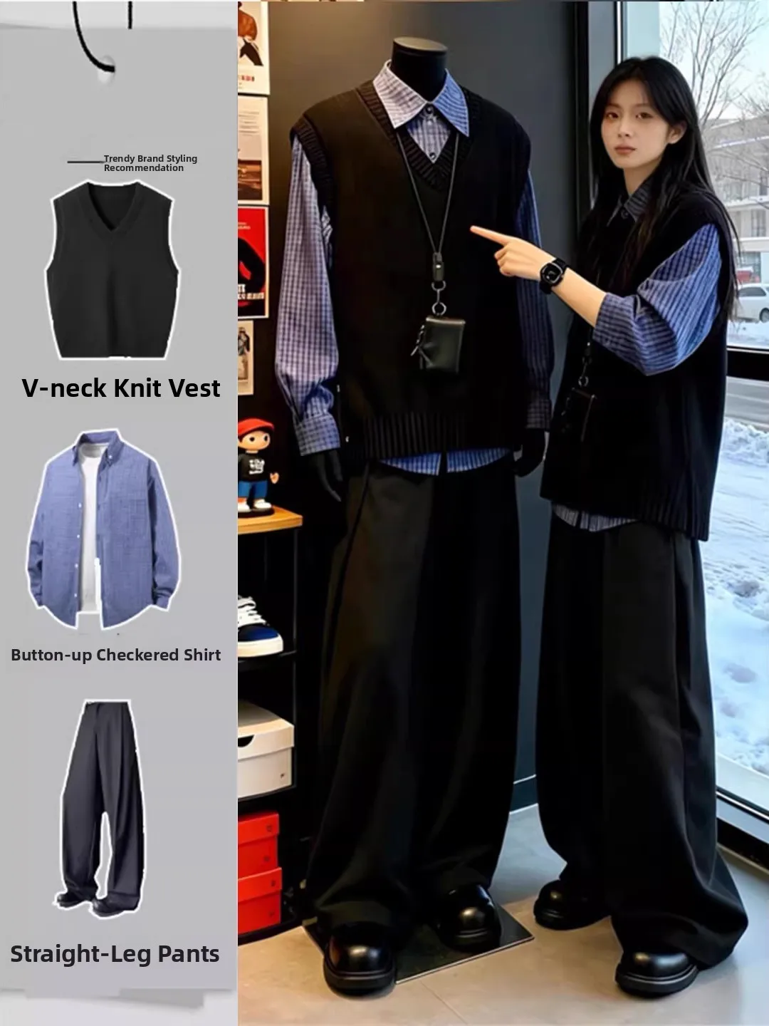 

Bla V-Ne Knitted Vest Top for Men Cool Sli College Sle Clete Set with irt Layering Sweater Winter Faion Set