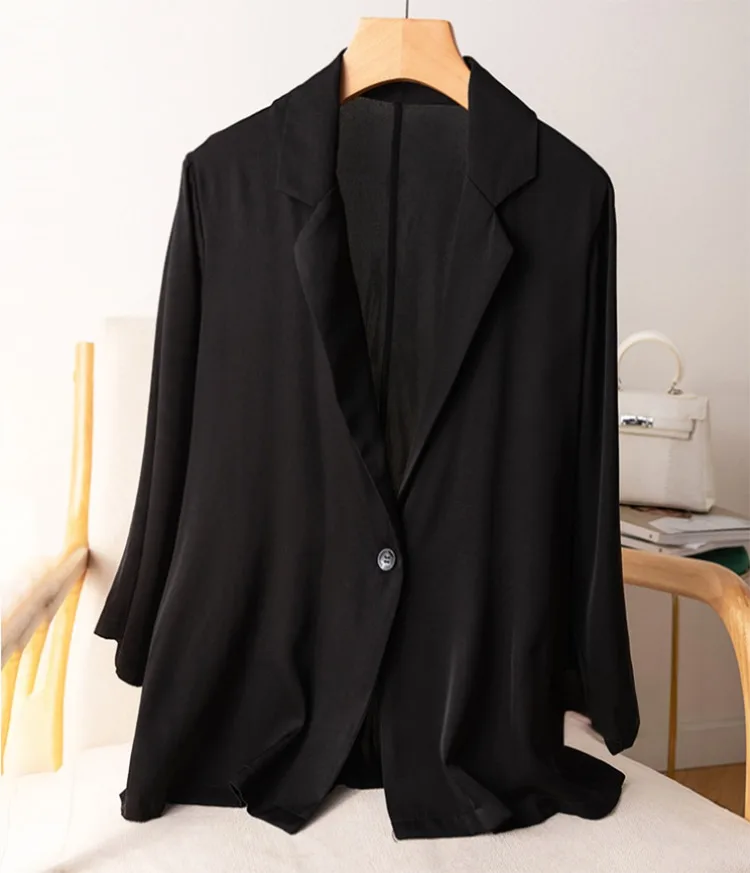 Women Blazer 95% Mulberry Silk 5% Spandex 19 momme Black White One Button Coat Jacket office work M L XL MM147