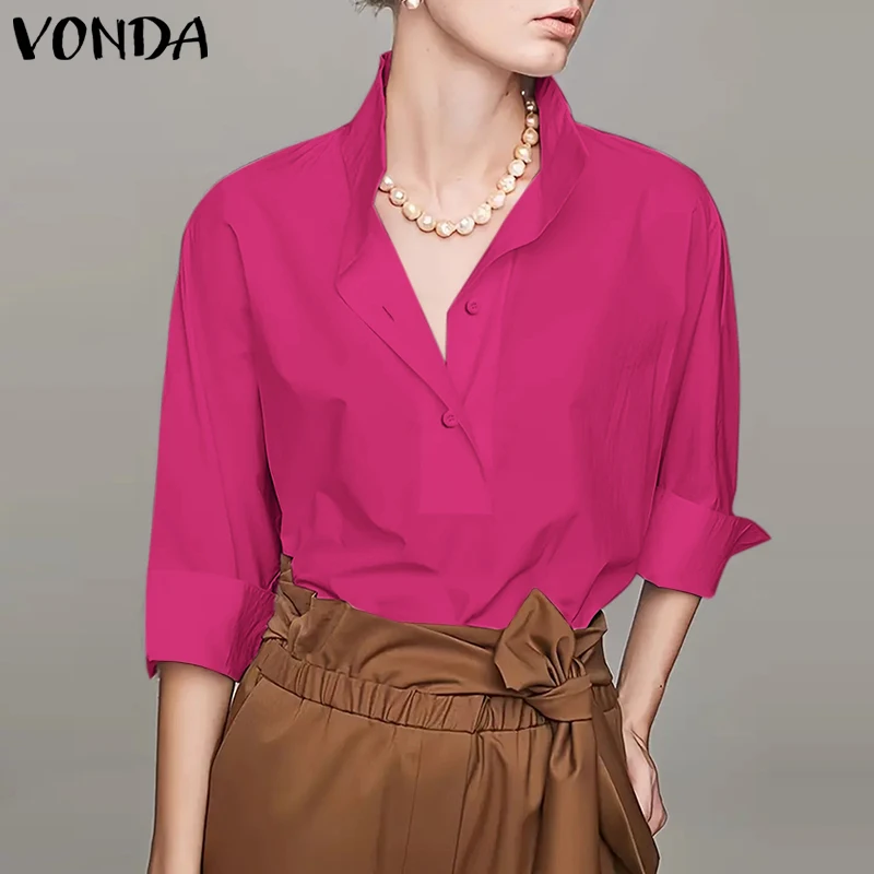 

Plus Size 5XL VONDA Women Fashion Shirts Casual Long Sleeve Solid Elegant Office Lady Tops Button Up Front Blouse Lapel Blusas