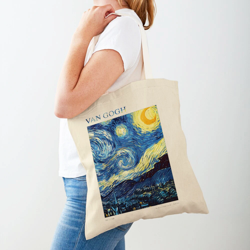 Sac à provisions Van Gogh Starry Night pour femme, fleur d'amandier, Iris, sac à soupe géométrique des deux côtés, sacs fourre-tout décontractés, sacs à main pour femme