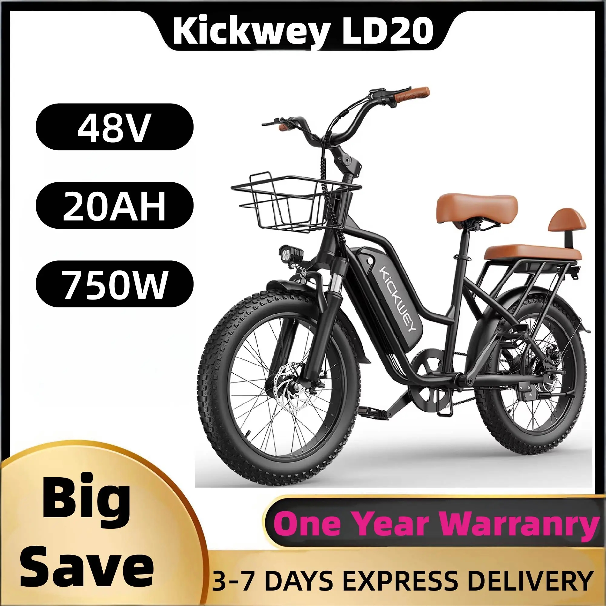 

Kickwey LD20 adult E-bike 750W 48V 20Ah battery commute Electric Bike,20-inch Fat Tire E-Mountain bike