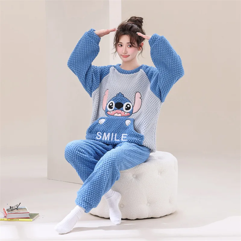 New Disney couple pajamas winter cartoon men\'s/women\'s coral fleece loose round neck Stitch loungewear women\'s pajamas