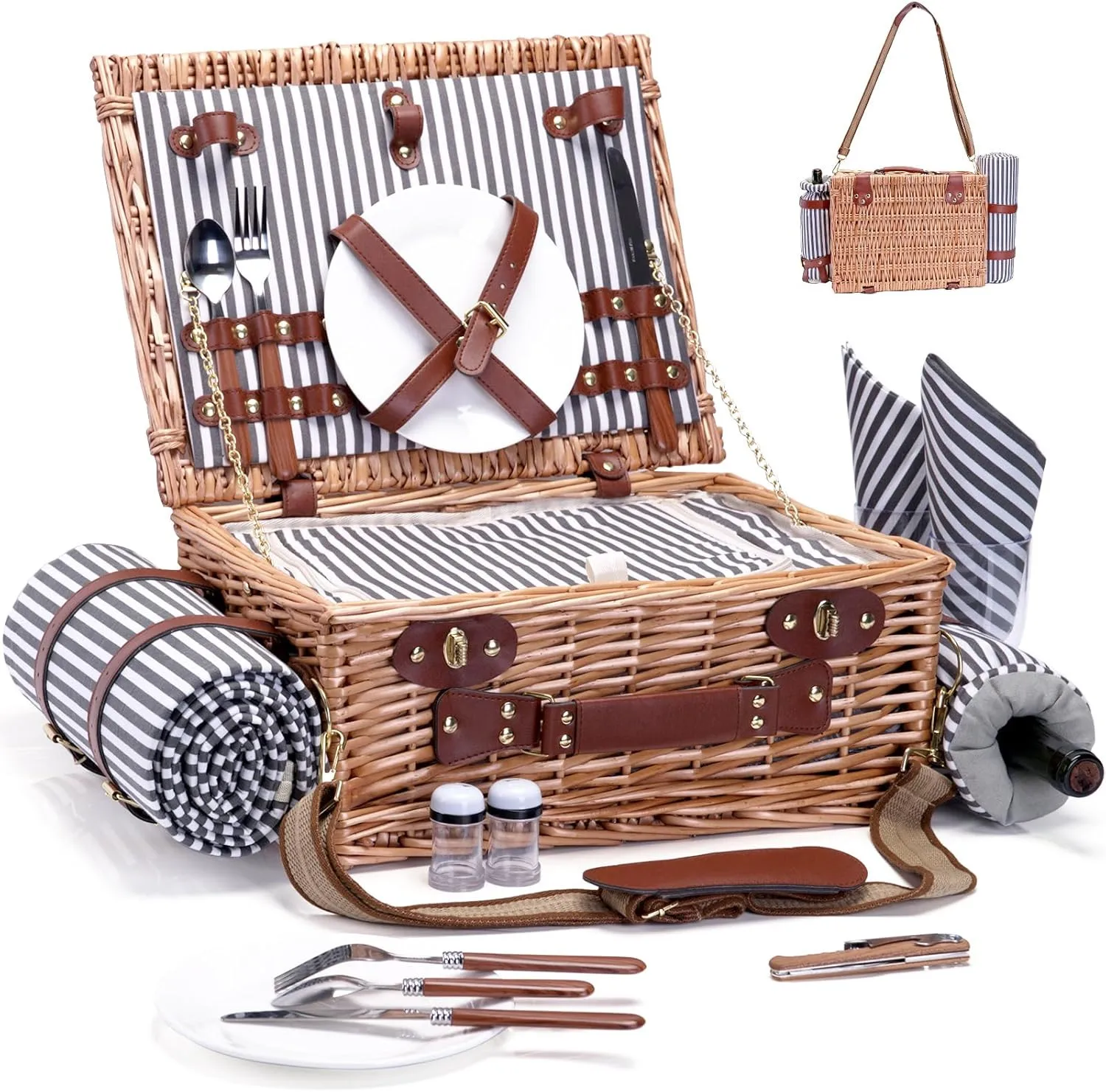 

Wicker Picnic Basket Set for 2 with Blanket & Wine Pouch - Striped Cooler Bag