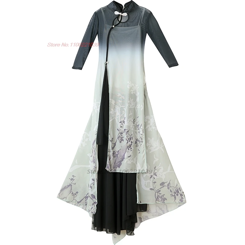 2025 中国ヴィンテージ子供ダンス衣装国家フラワープリントメッシュ袍トップス + パンツセット伝統的なステージパフォーマンスドレス