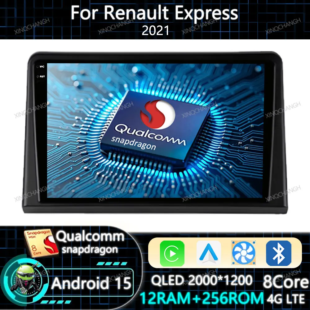Radio para Auto Android 15 con Carplay para Renault Express 2021, Unidad Principal 2DIN QLED, BT, 4G LTE, 5G WIFI, GPS Qualcomm, Navegación BT GPS