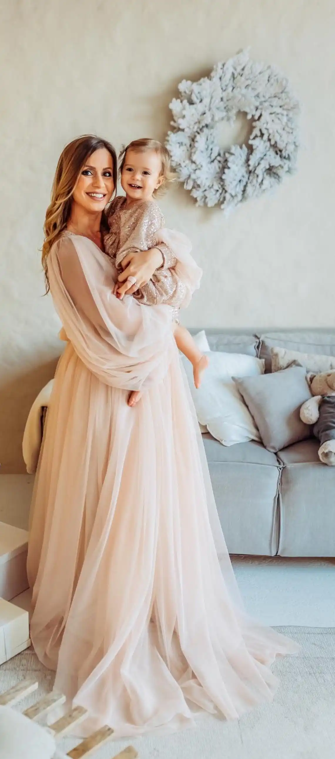 Vestido de Pascua a juego con lentejuelas bohemias color champán para mamá e hija, traje para mamá y yo, vestidos familiares de primavera, vestido para madre e hija