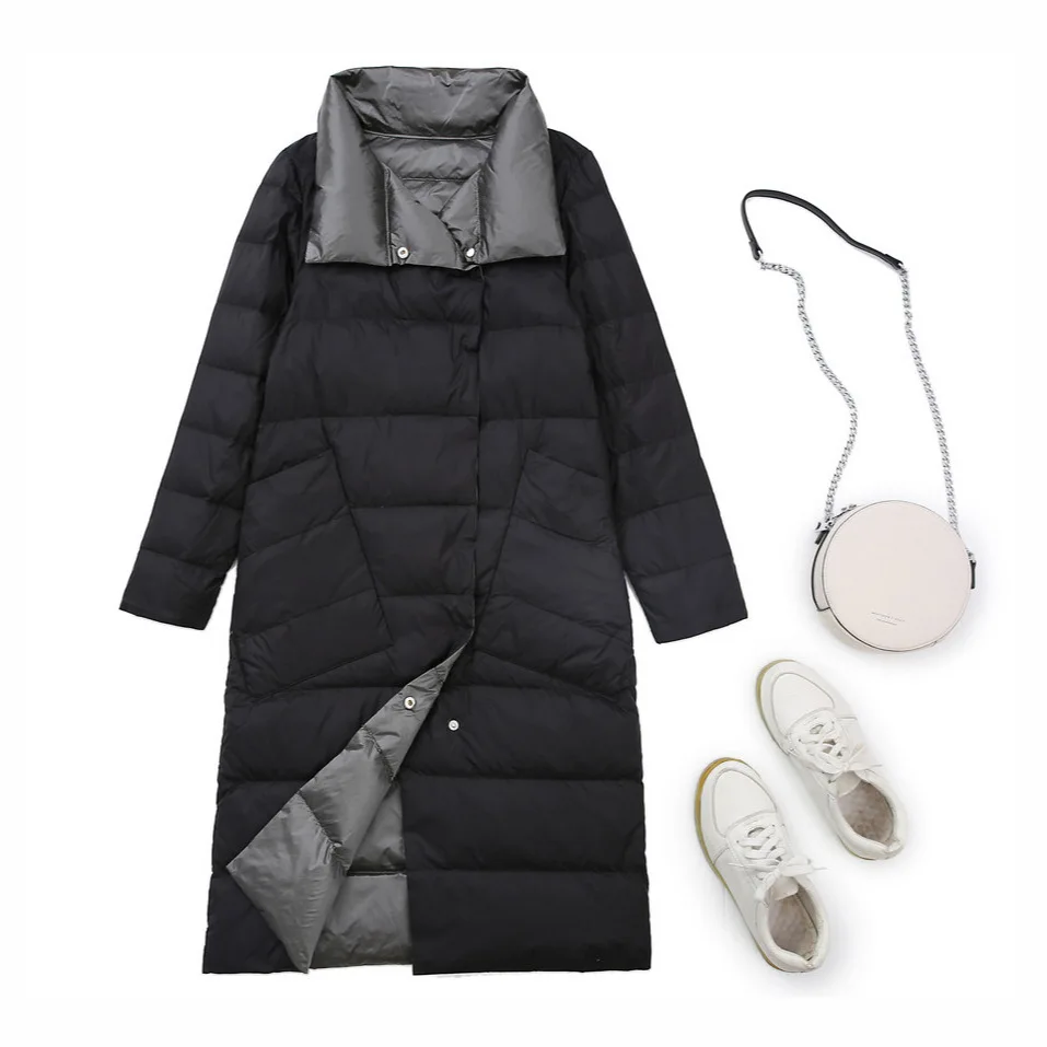Indossare su entrambi i lati Cappotto imbottito leggero lungo bianco Du down Jaet da donna con colletto alla coreana stagione primaverile
