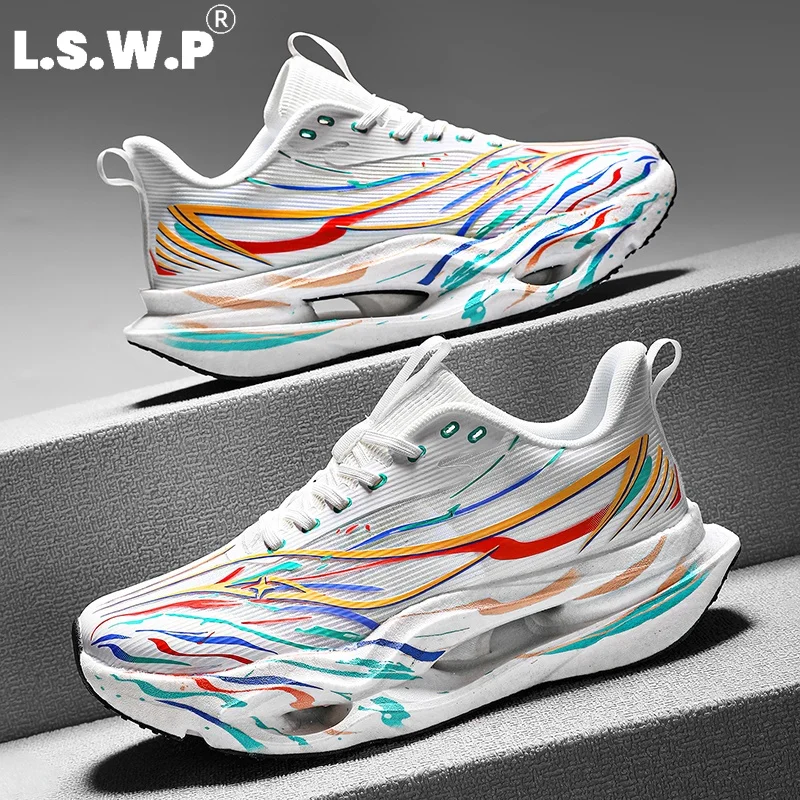 Men's Running Shoes, Trendy Men's Hollow-Out Shock-Absorbing Running Shoes, Cool Graffiti Print Fly-Knit Mesh Sneakers, High-Elastic Thick-Soled Lightweight Non-Slip Wear-Resistant Marathon Outdoor Fitness Sports Shoes for Men