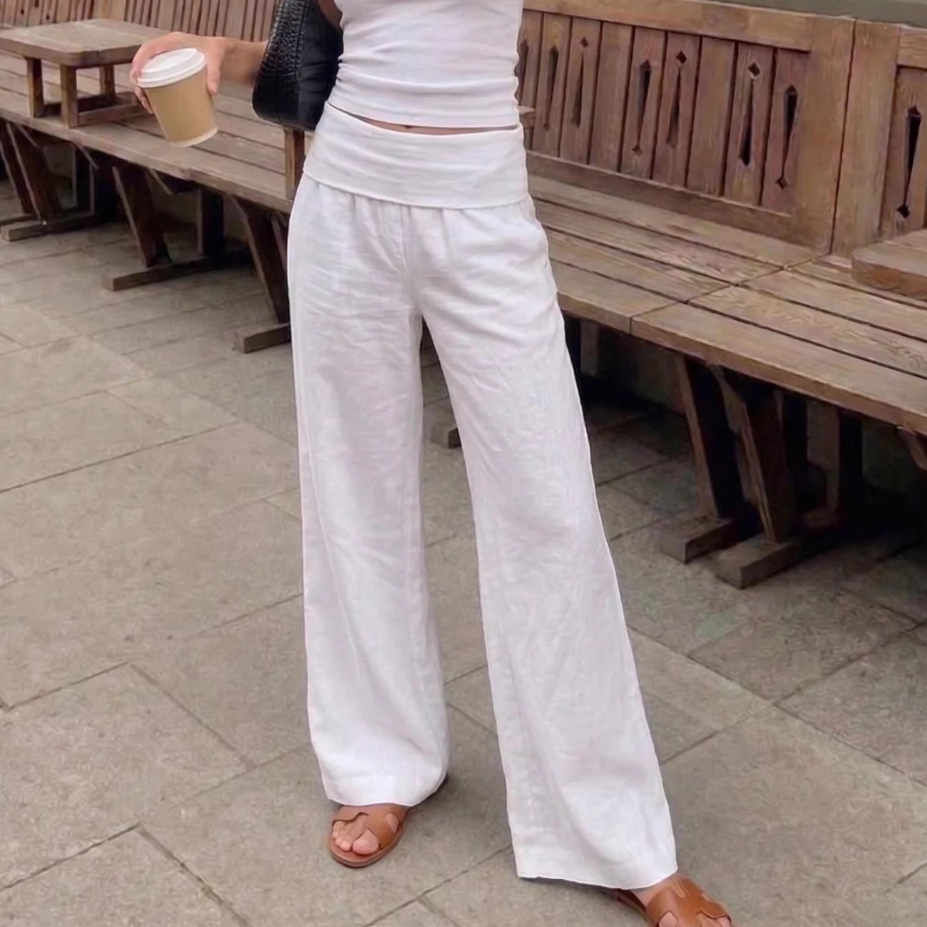 WXOY Women Casual Pants Summer Low Rise Waist Cotton Trousers Wide Leg Lightweight Palazzo Trousers