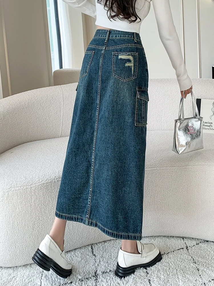 Nowa Jesienna Koreańska Wersja Casualowa Spódnica Jeansowa w Kształcie Litery A Damska Spódnica do Pracy z Wysokim Stanem, Średniej Długości, Seksownym Rozcięciem z Przodu