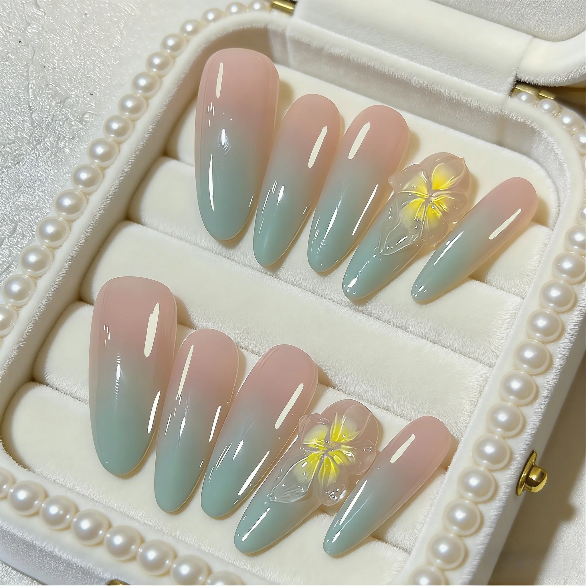 

10pcs Mint Eggflower Handmade Nails 3D Sculpted Designs Press on Nail Long Oval Fake Nail for Women&Girl False Nail Art