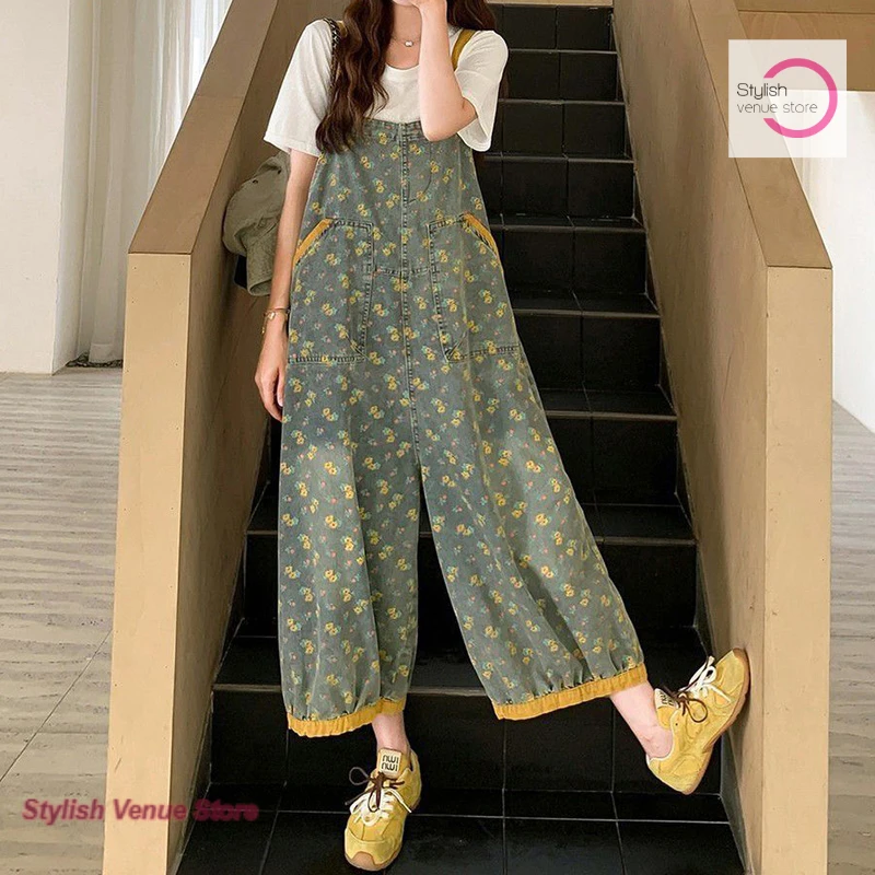 Korean denim floral bib women's spring and autumn new loose age-reducing slimming plus size Joker sling casual wide-leg pants