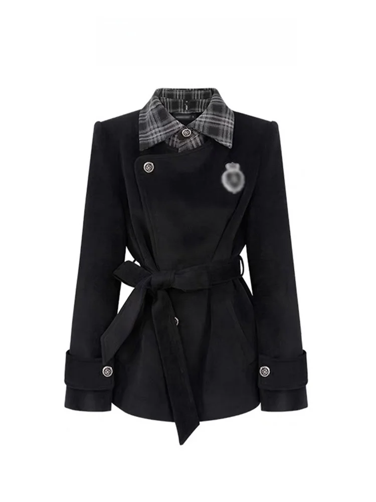 

Черный шерстяной костюм Jaet с высокой талией, клетчатая юбка, комплект, женский осенне-зимний винтажный комплект Sle Faion, костюм для колледжа