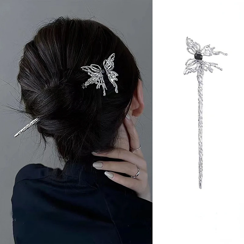 Vintage Moonstone Hair Sticks for Women Retro Chinese Tasssel Butterfly Hairpin Disk Hairsticks Hair Chopsticks Hair Accessories