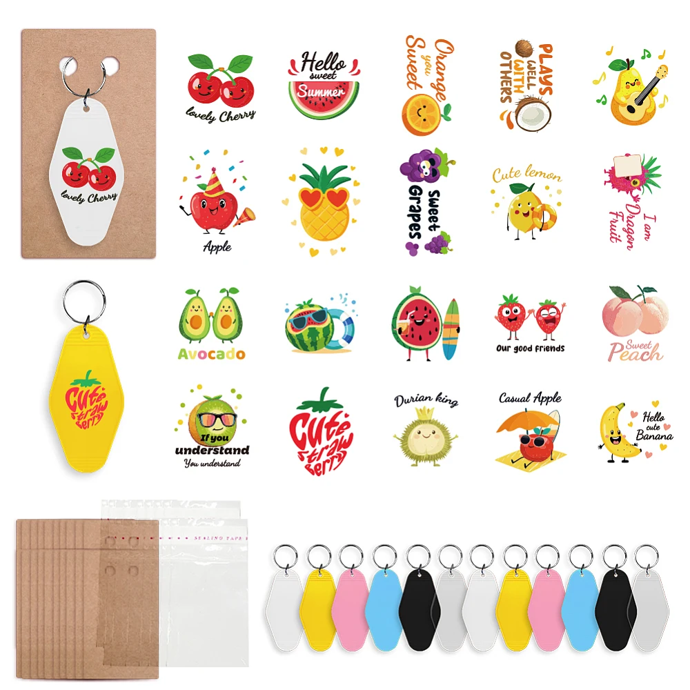 76 Pcs DIY Keychain Making Accessories Cute Fruit Pattern Waterproof Stickers OPP Bags Plastic Rhombus Keychain Paper Display