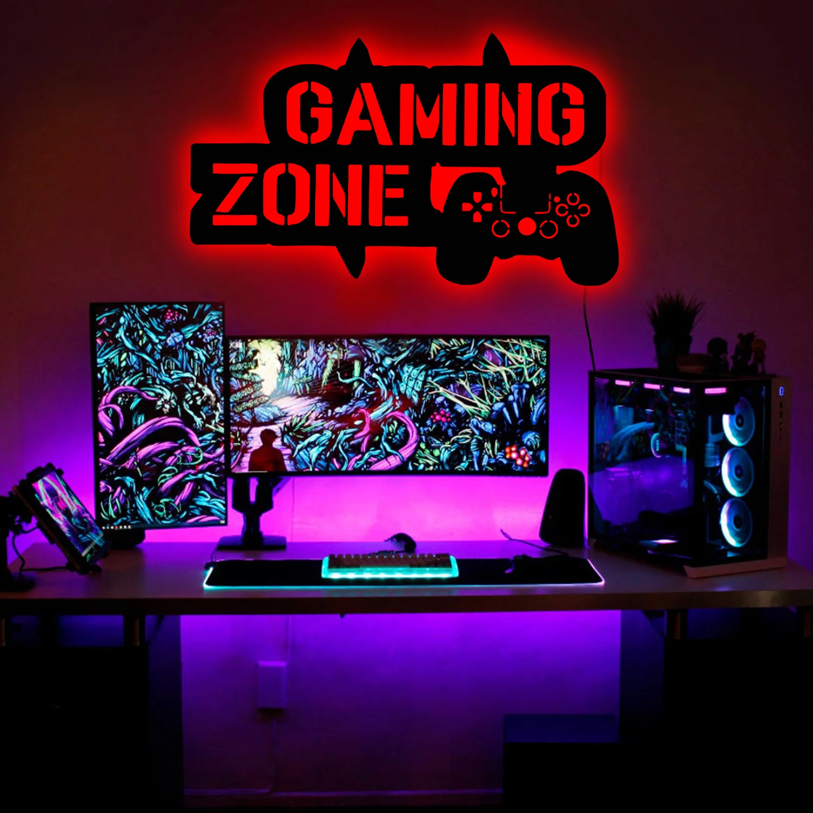 Gaming Zone LED Wooden Neon Sign USB Wall Lamp for Birthday Party Holiday Man Cave Bar Bedroom Game Room Decor Changeable Colors