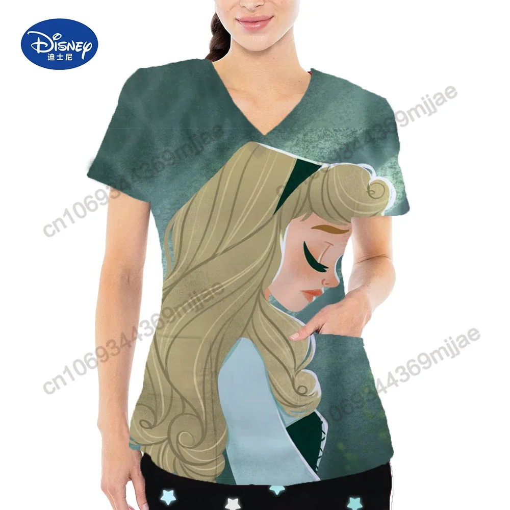 Pocket Cartoon T-shirts for Women V-neck Design Women's Tops Summer Clothes