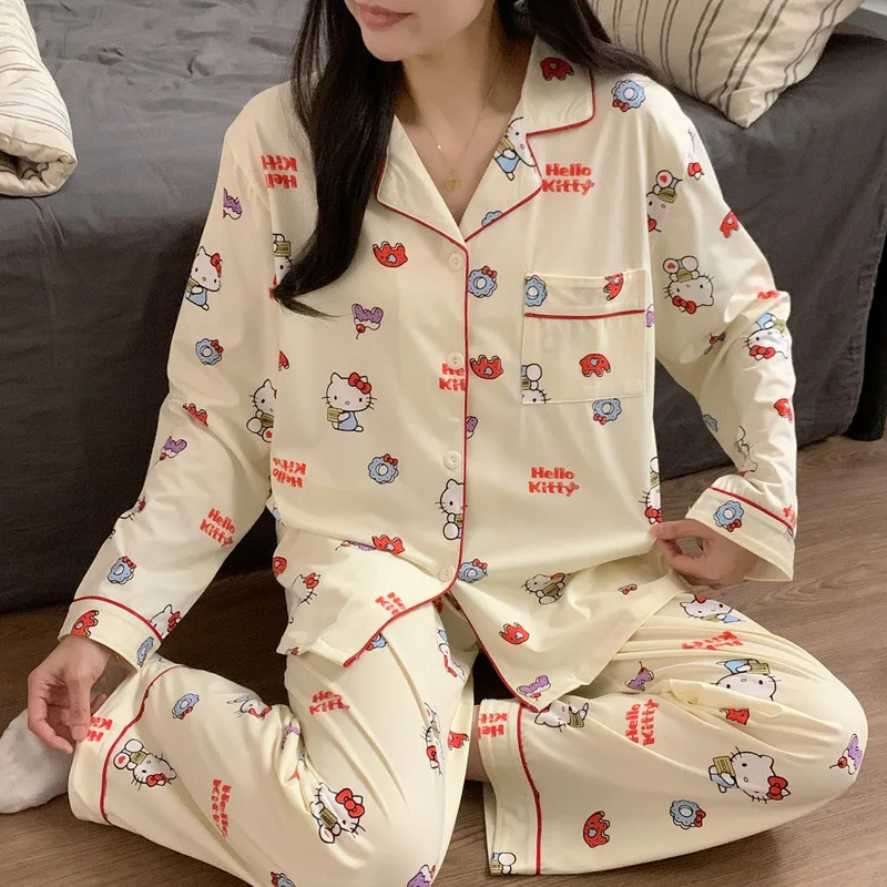 

Милые мультяшные аниме-пижамы Hello Kitty для женщин: хлопковые, весенне-осенние, с воротником, на пуговицах, свободные, тонкие, домашняя одежда Cinnamoroll