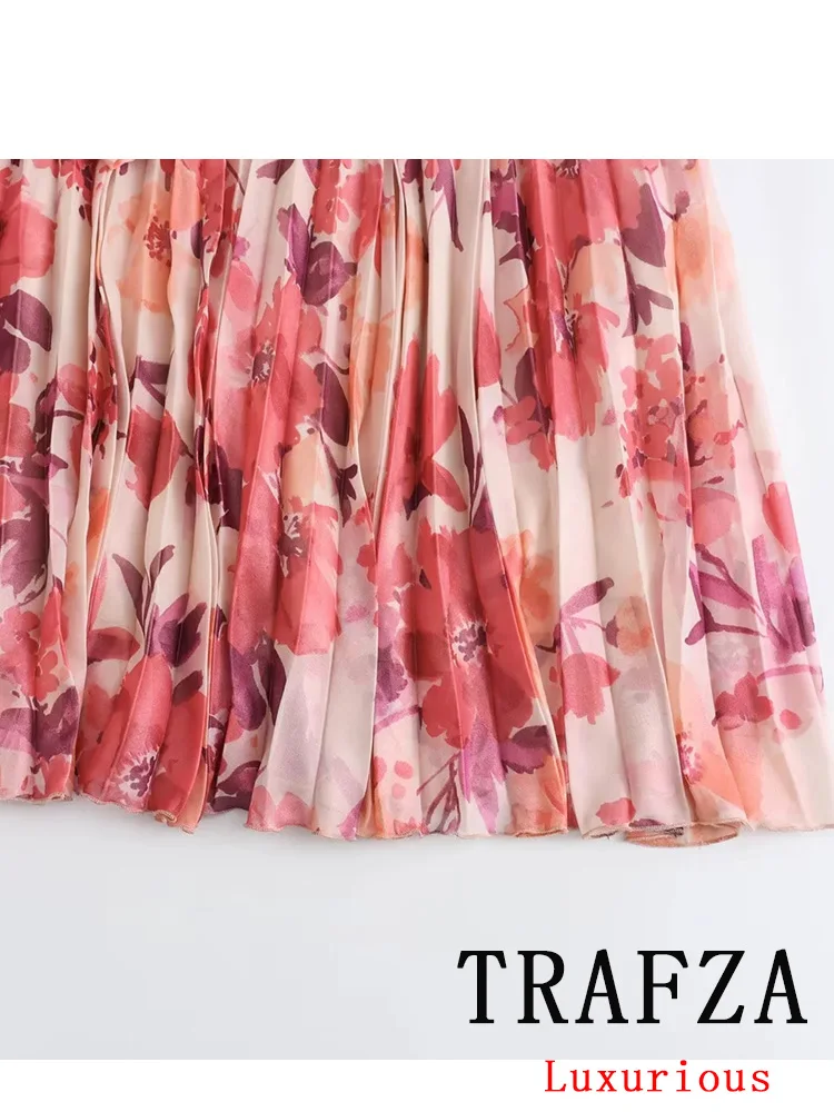 TRAFZA-Blusa de manga comprida com gola virada para baixo e terno com zíper dobrado para mulheres, estampas casuais, moda vintage, conjuntos de