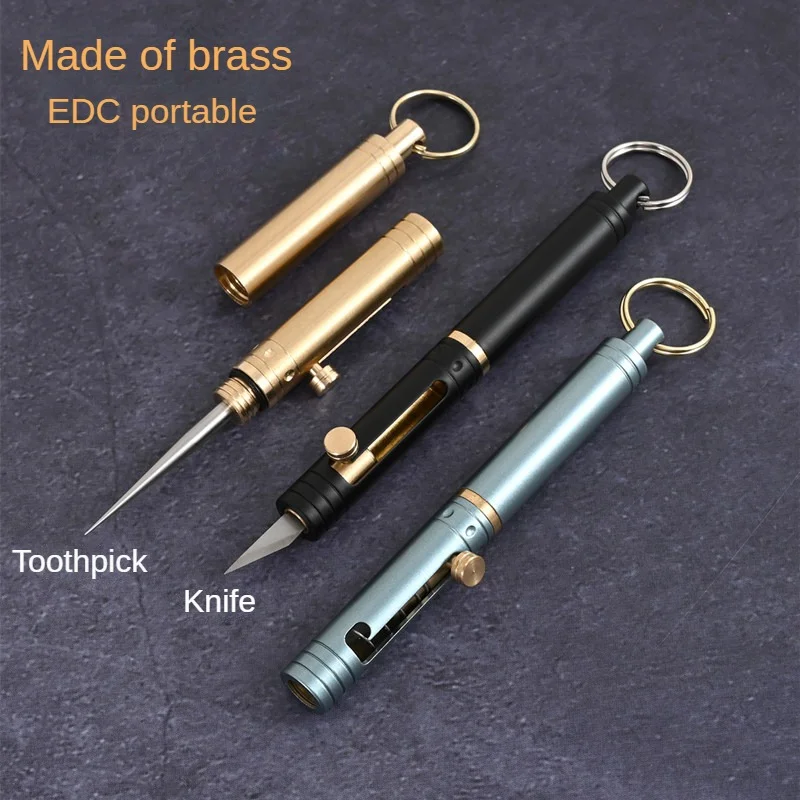 Mini EDC Brass Retractable Knife Toothpick Key Pendant Gift Portable Self-defense Tooth Cleaning Tool Fruit Sign Open Delivery