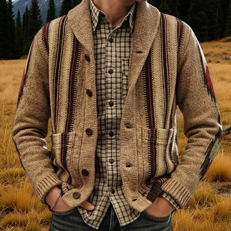 

Модные мужские верхние кардиганы с лацканами, свитер, осень-зима, мужская верхняя одежда, повседневные кардиганы, вязаные свитера с жаккардовыми рукавами в стиле ретро