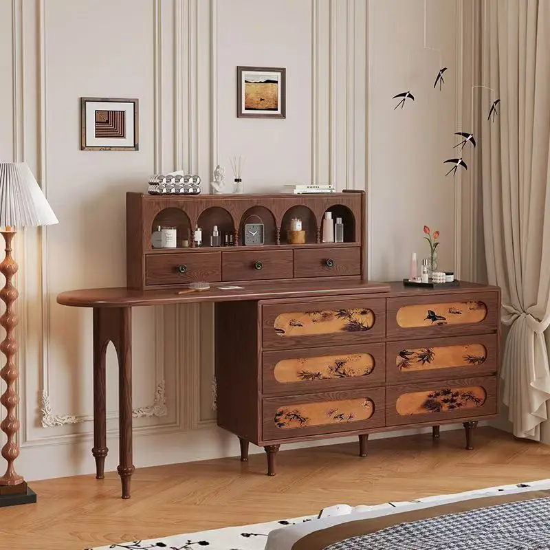 

Medieval ash wood dresser French all solid wood bedroom assembly retro light luxury hot sale retractable with drawers
