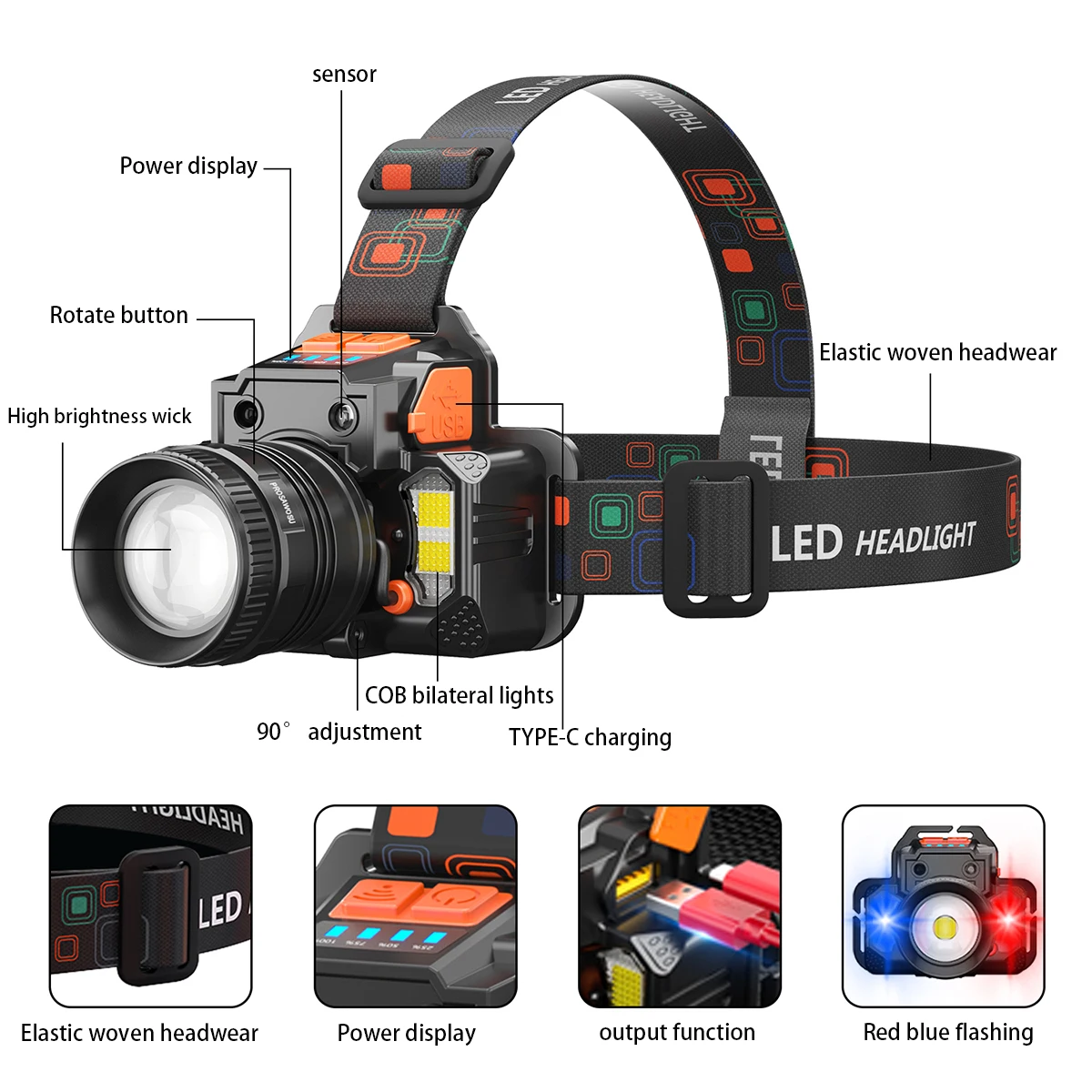 Rechargeable Headlamp,Ultra-Bright 3000 lumen Sensor Head Lamp With COB Red Blue Lights, 7 Modes Adjustable Headband Flashlight