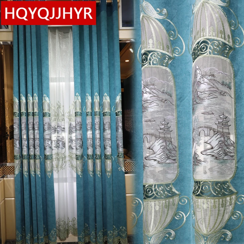 

Chinese Style Modern Landscape Painting Embroidered Curtains For Living Room Bedroom High Quality Custom Chenille Villa Curtain