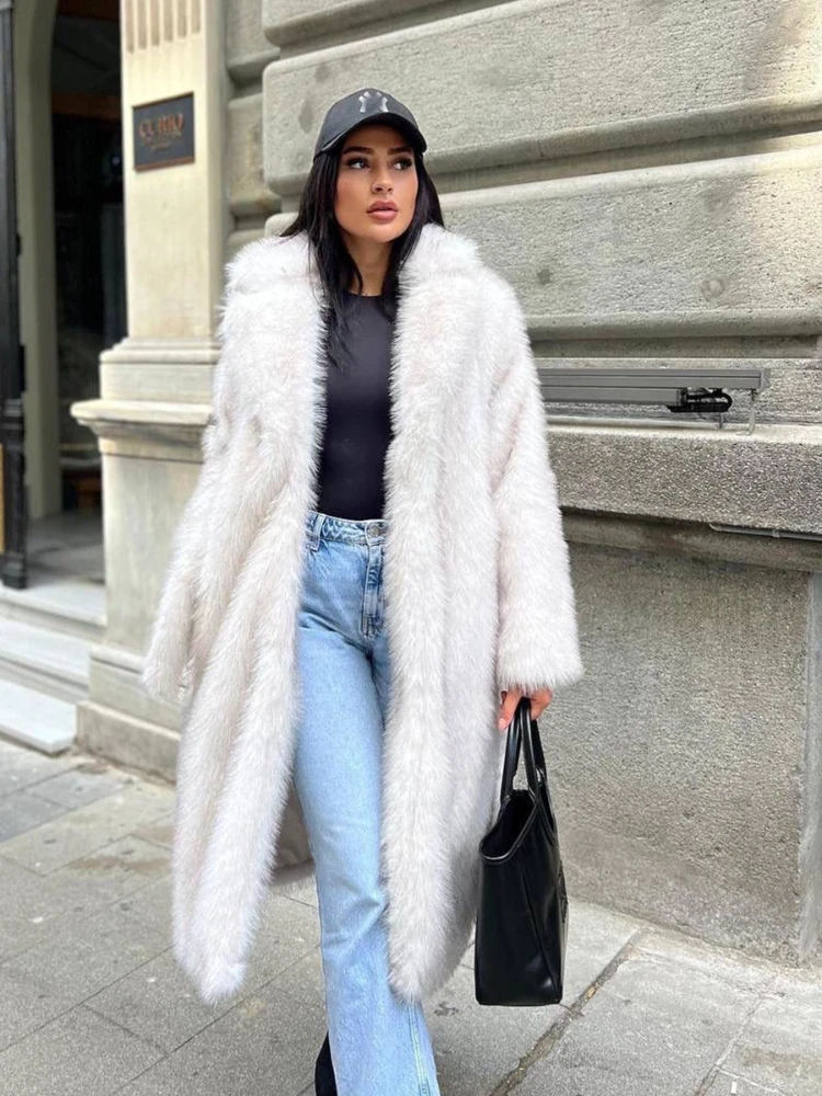Casual Belt Faux Fur Long Women Coat Urban Full Sleeve Lapel Pocket Thick Female Streetwear 2025 Winter New Lady Parkas Outwear